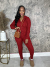 Cable Cropped Zip-up Hoodie 2-piece set -burgundy