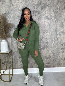  Cable Cropped Zip-up Hoodie 2-piece set -olive