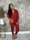 Cable Cropped Zip-up Hoodie 2-piece set -burgundy