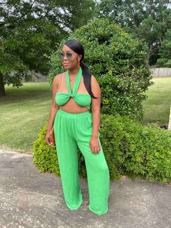 2-piece linen wrap top with pants ( green)